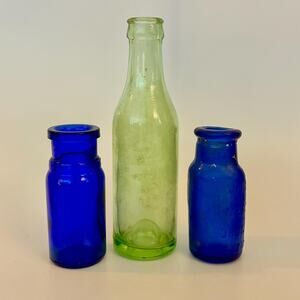 Vintage Cobalt Blue & Green Glass Bottle Trio: Antique Bromo Decor